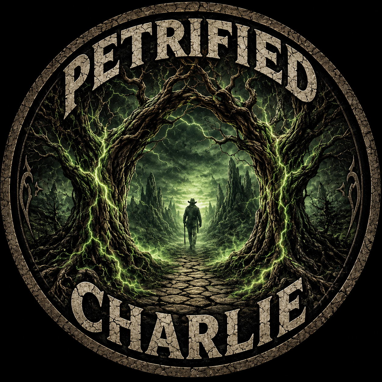 Petrified Charlie portal drumhead artwork
